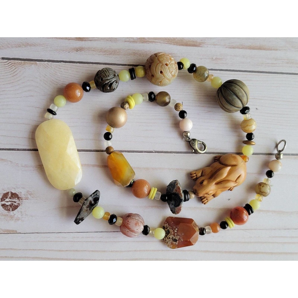 Signed Netsuki Rabbit Necklace With Jade & Other Precious Stones 27" End To End